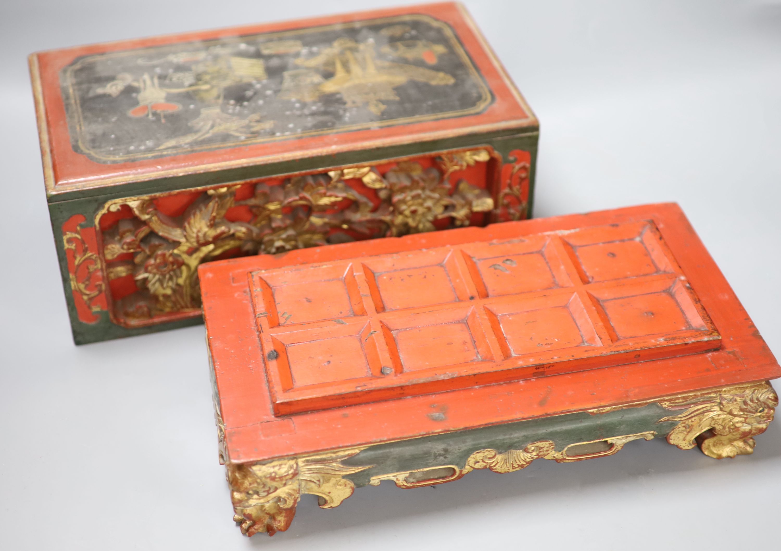 A 19th century Chinese red lacquer and gilt offering box (chanab), length 33cm